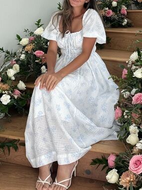 White Dress with Light Blue Floral Print